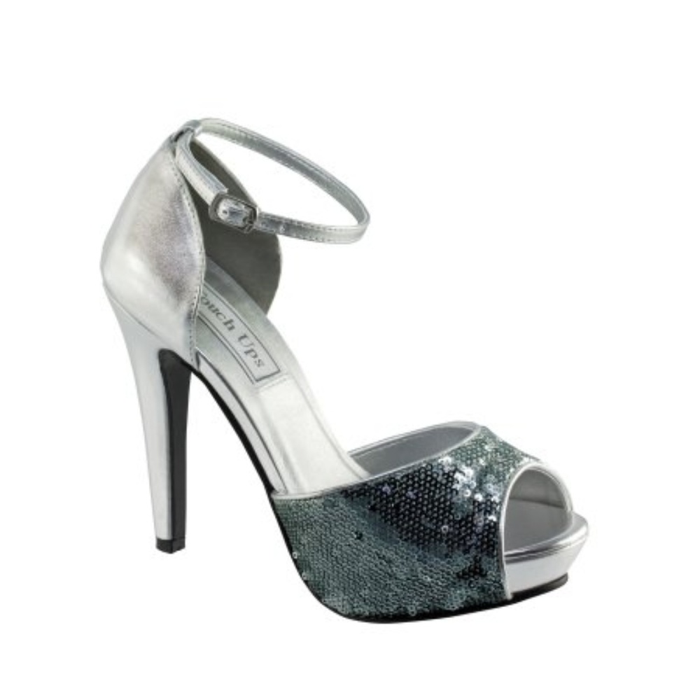 Silver Sequin Ankle Strap Heels by Debbie Touch Up